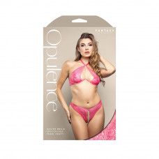 Fantasy Lingerie Opulence Pearl Accent Halter Bra & Adjustable Crotchless Pearl Panty Hot Pink L/XL